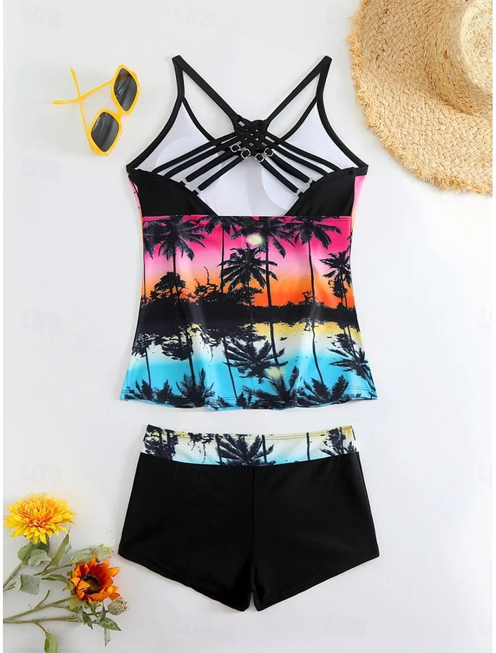 La Habana | Set de tankini cu imprimeu tropical și pantaloni scurți de baie
