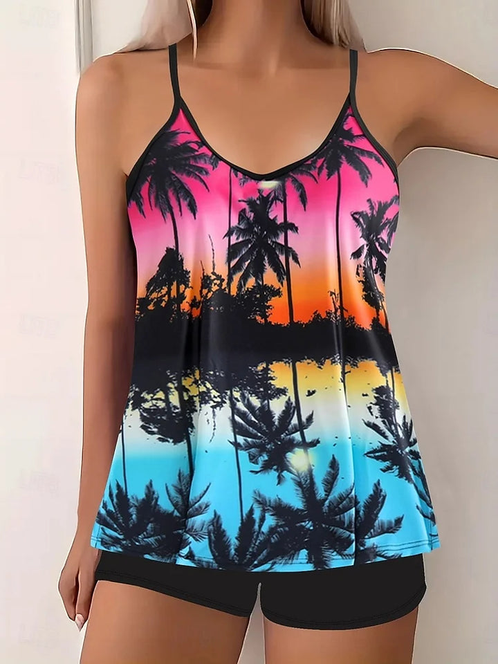 La Habana | Set de tankini cu imprimeu tropical și pantaloni scurți de baie