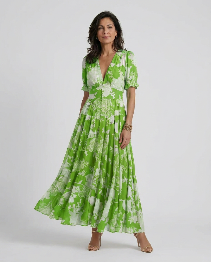 Minelda | Rochie elegantă cu decolteu în V, imprimeu floral