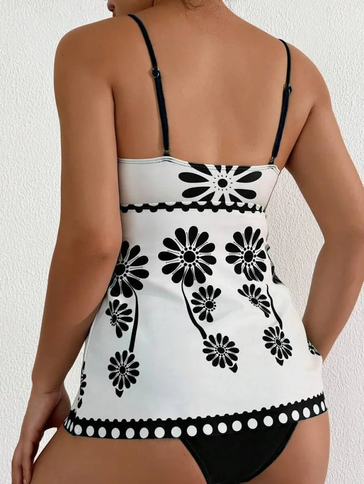 Margarita | Set tankini cu imprimeu de margarete care acoperă burtica
