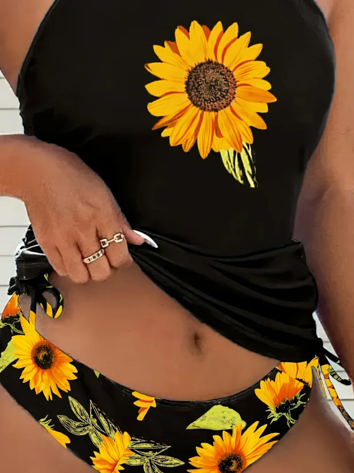 Soleado | Set de tankini halter cu floarea-soarelui care acoperă burtica