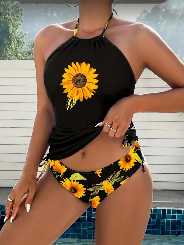 Soleado | Set de tankini halter cu floarea-soarelui care acoperă burtica